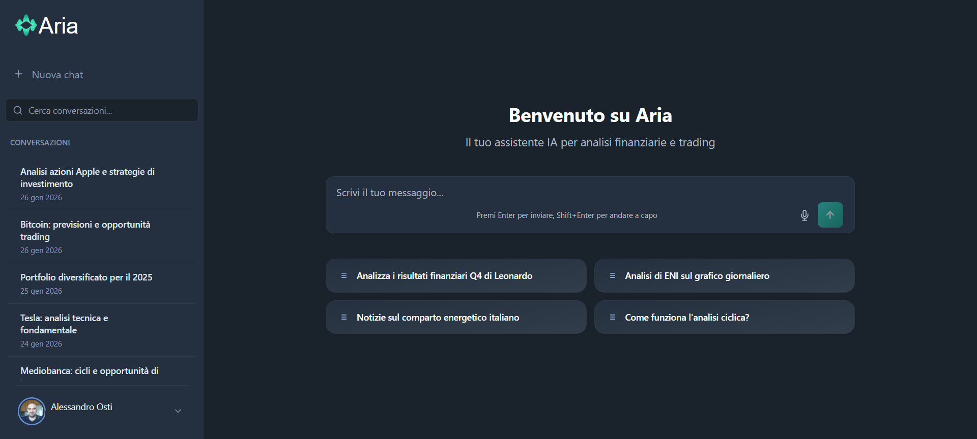 Interfaccia di ARIA, la web app conversazionale standalone